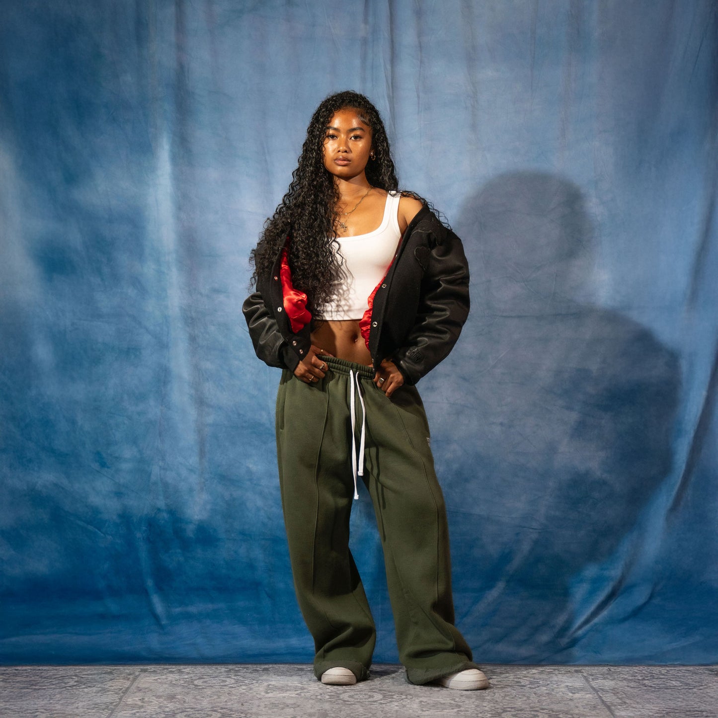 ARMY GREEN WIDE LEG CRYSTAL SWEATS