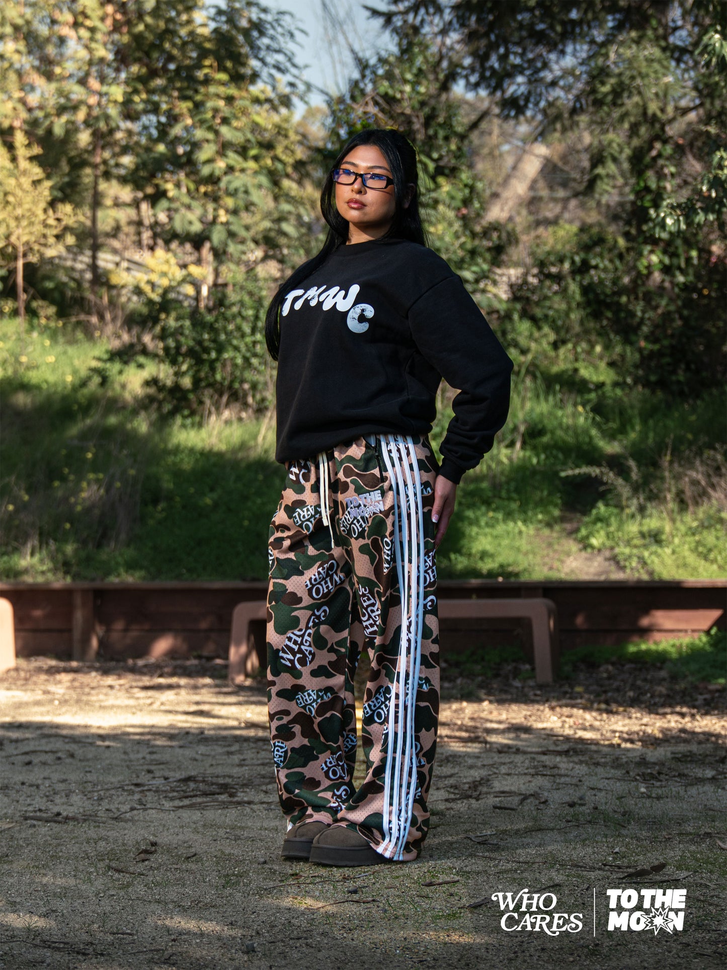 WCxTTM GREEN CAMO WIDE LEG TRACK PANTS