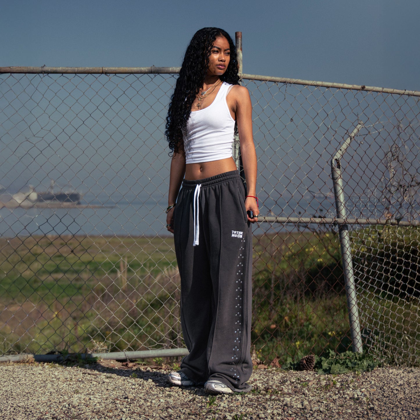 CHARCOAL WIDE LEG CRYSTAL SWEATS