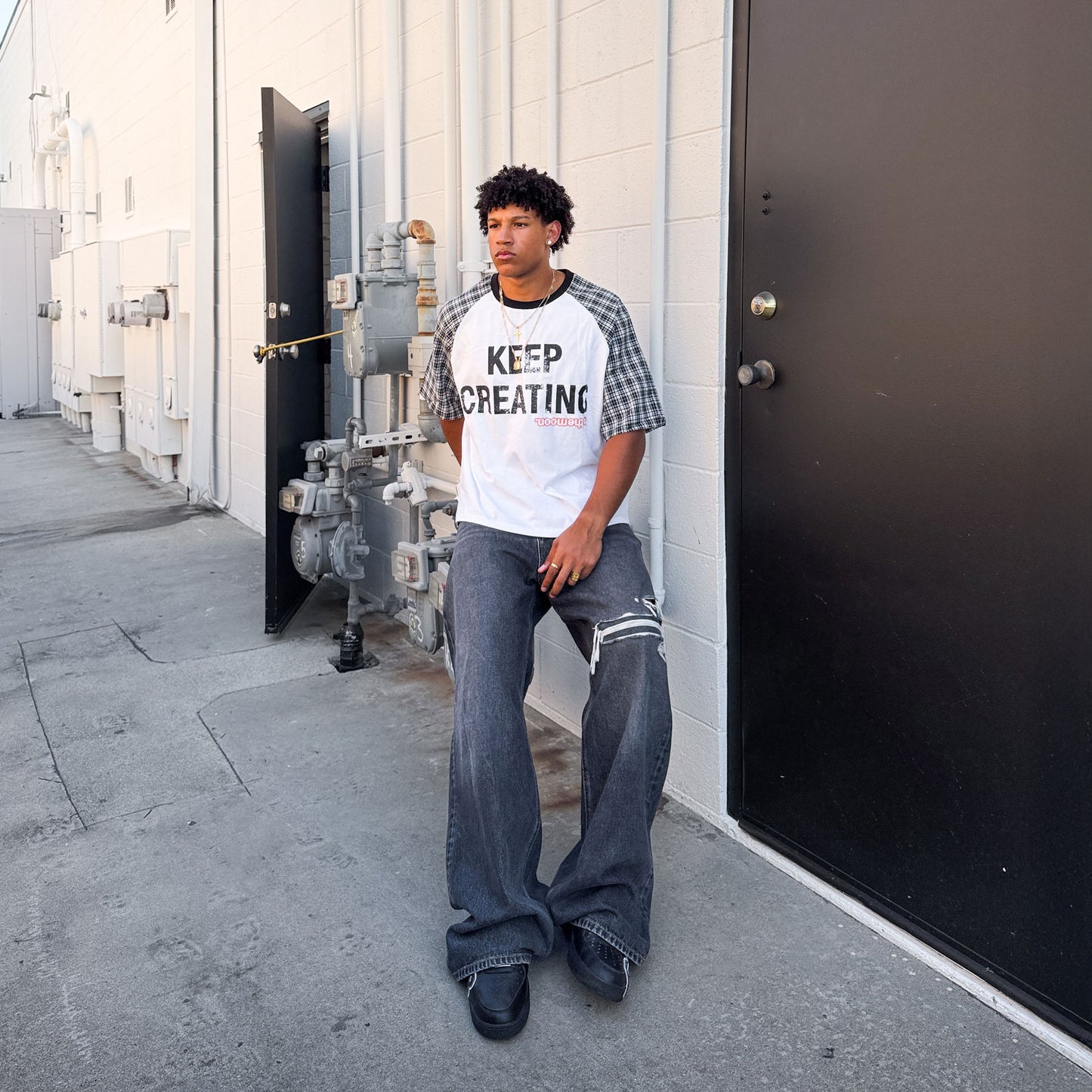 RAGLAN PLAID BOXY CROPPED TEE